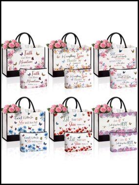 Eccliy 12 Pc Bible Tote Bag & Makeup Pouch Set Floral Canvas Religious Gift